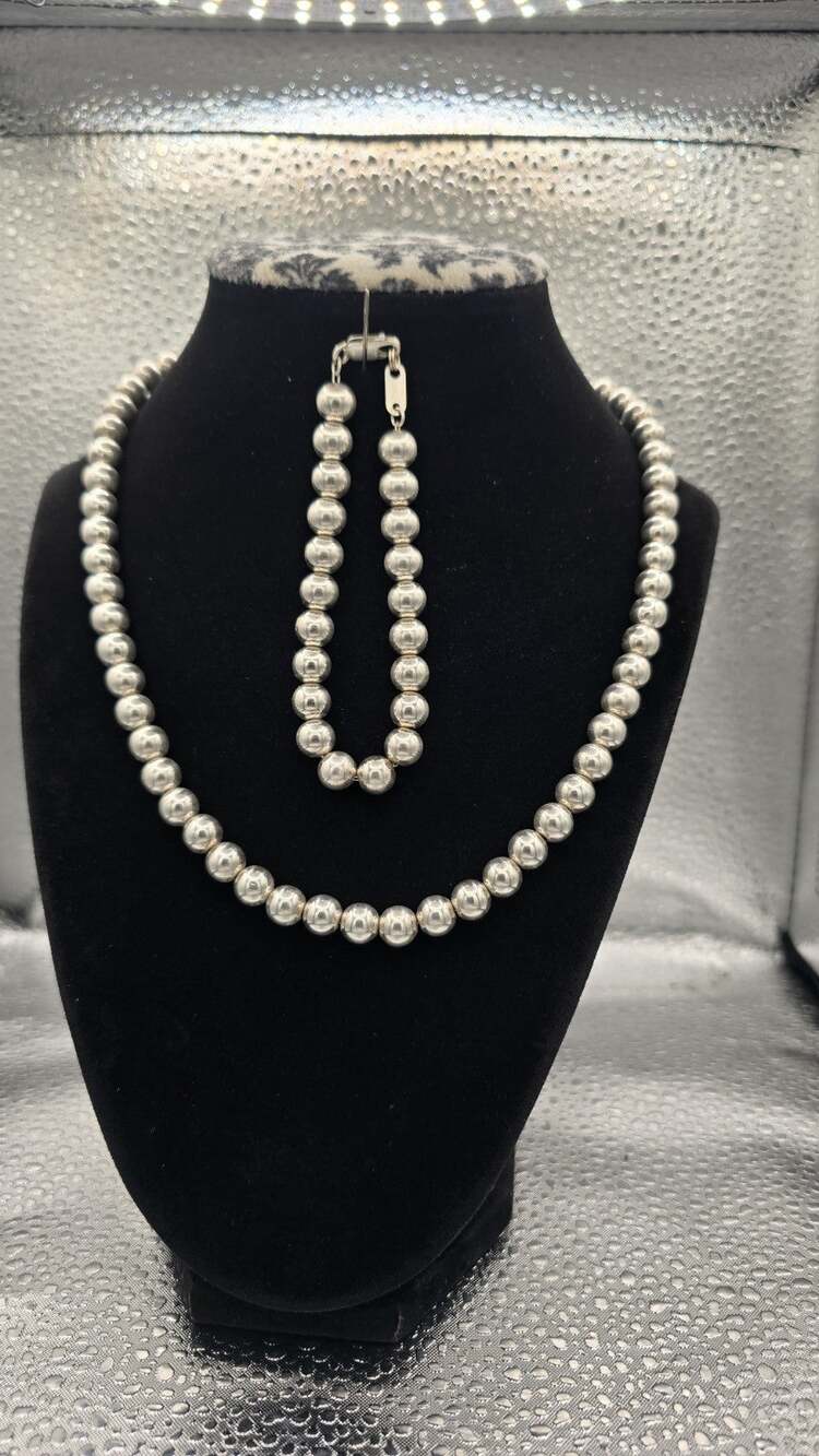 Vtg 'CW' 7.6mm Sterling Silver 18" Ball Bead Necklace/Bracelet Set 7.75" 42.5gr